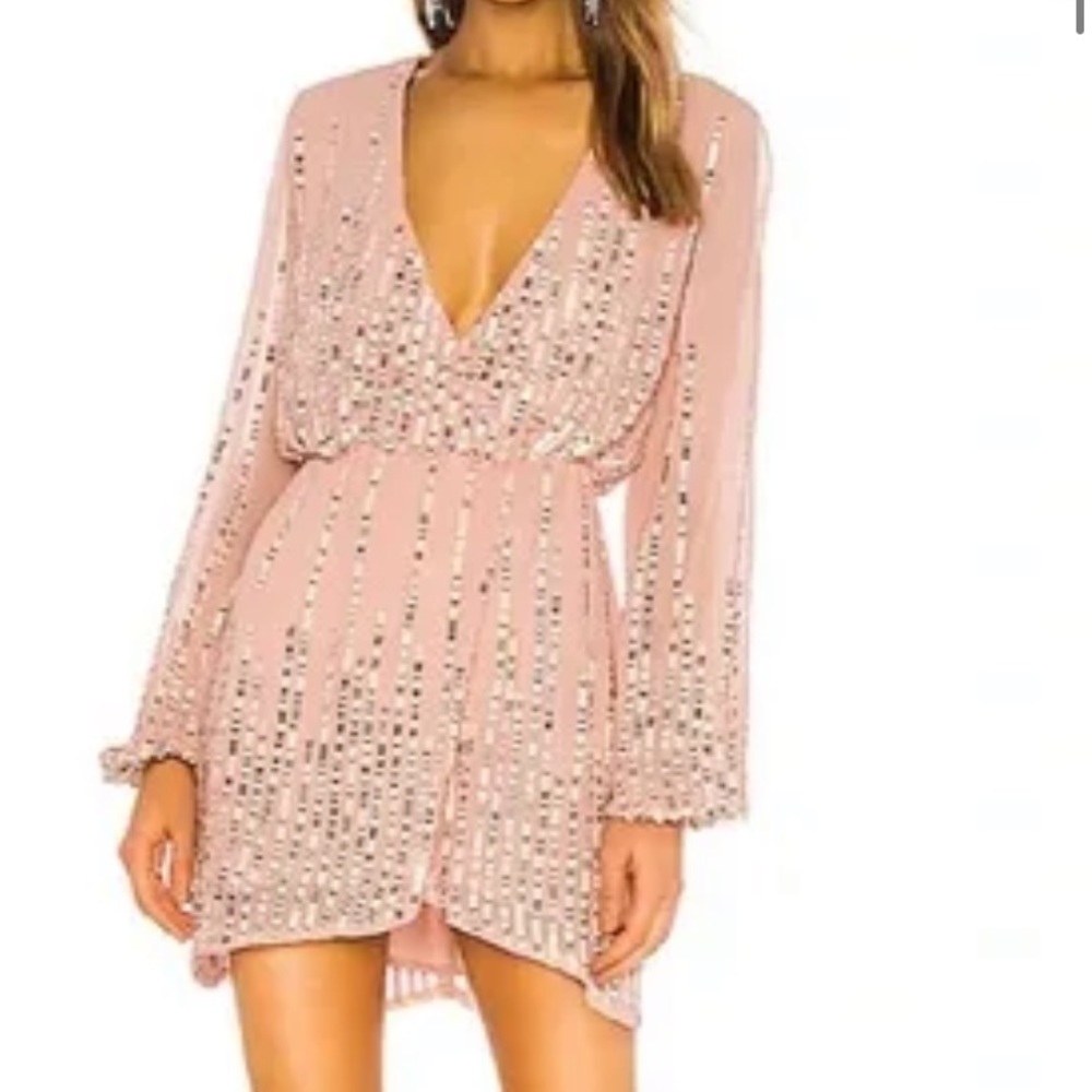 Lovers and Friends Poppy Sequin Long Sleeve V-Neck Mini Dress Blush Pink